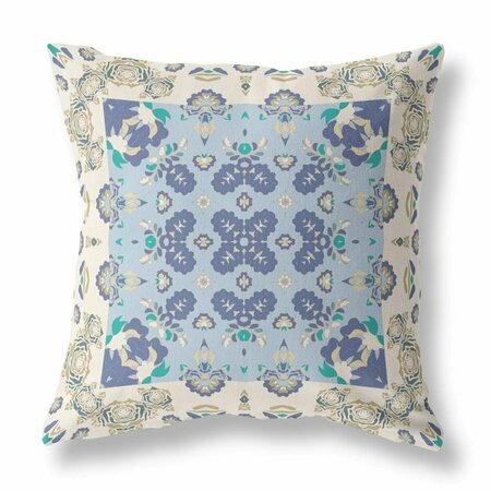 PALACEDESIGNS 18 in. Rose Box Indoor & Outdoor Zippered Throw Pillow Off-White & Blue PA3106587